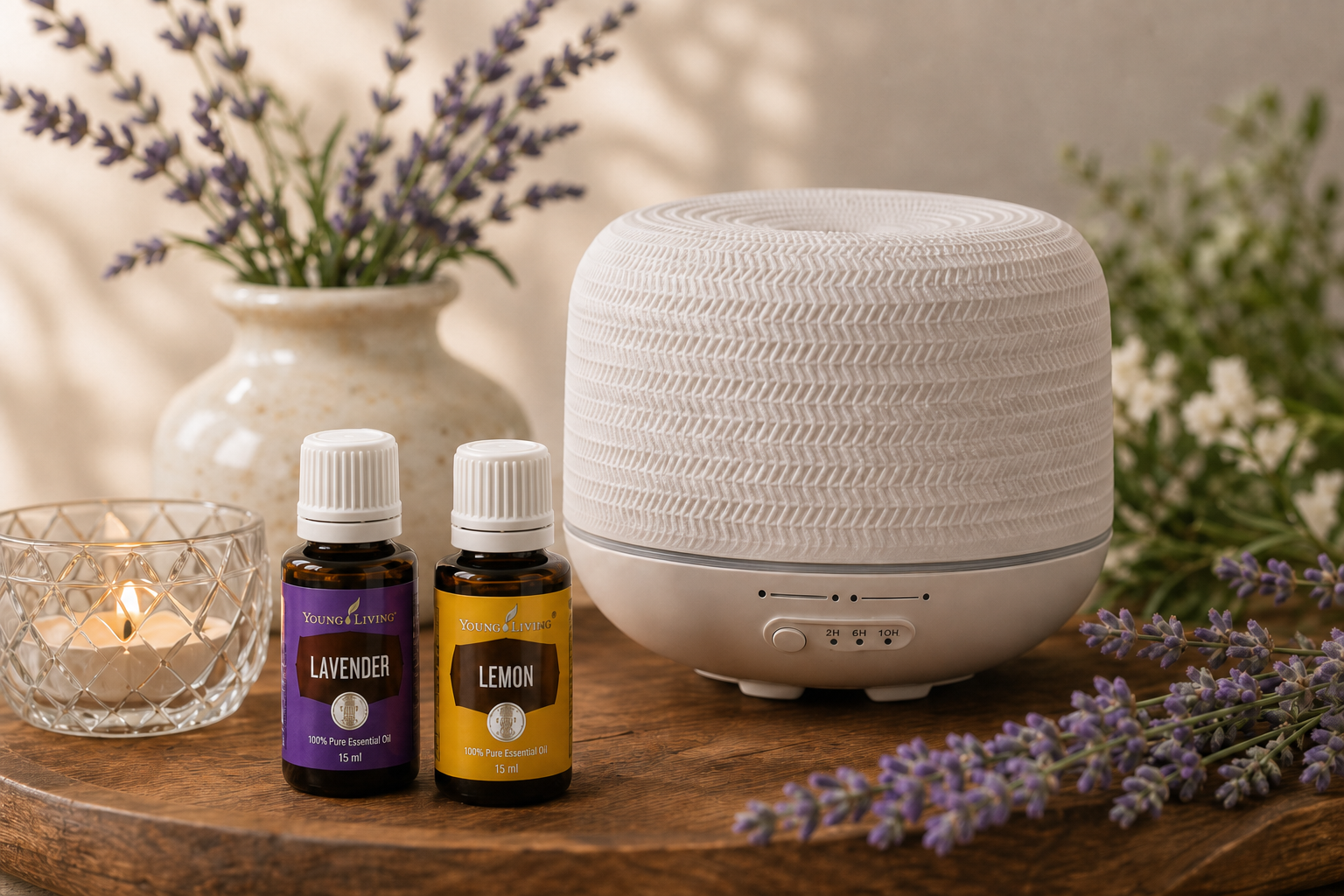 Young Living Lavendel- und Zitronenöl mit weißen Deckeln neben einem Diffusor