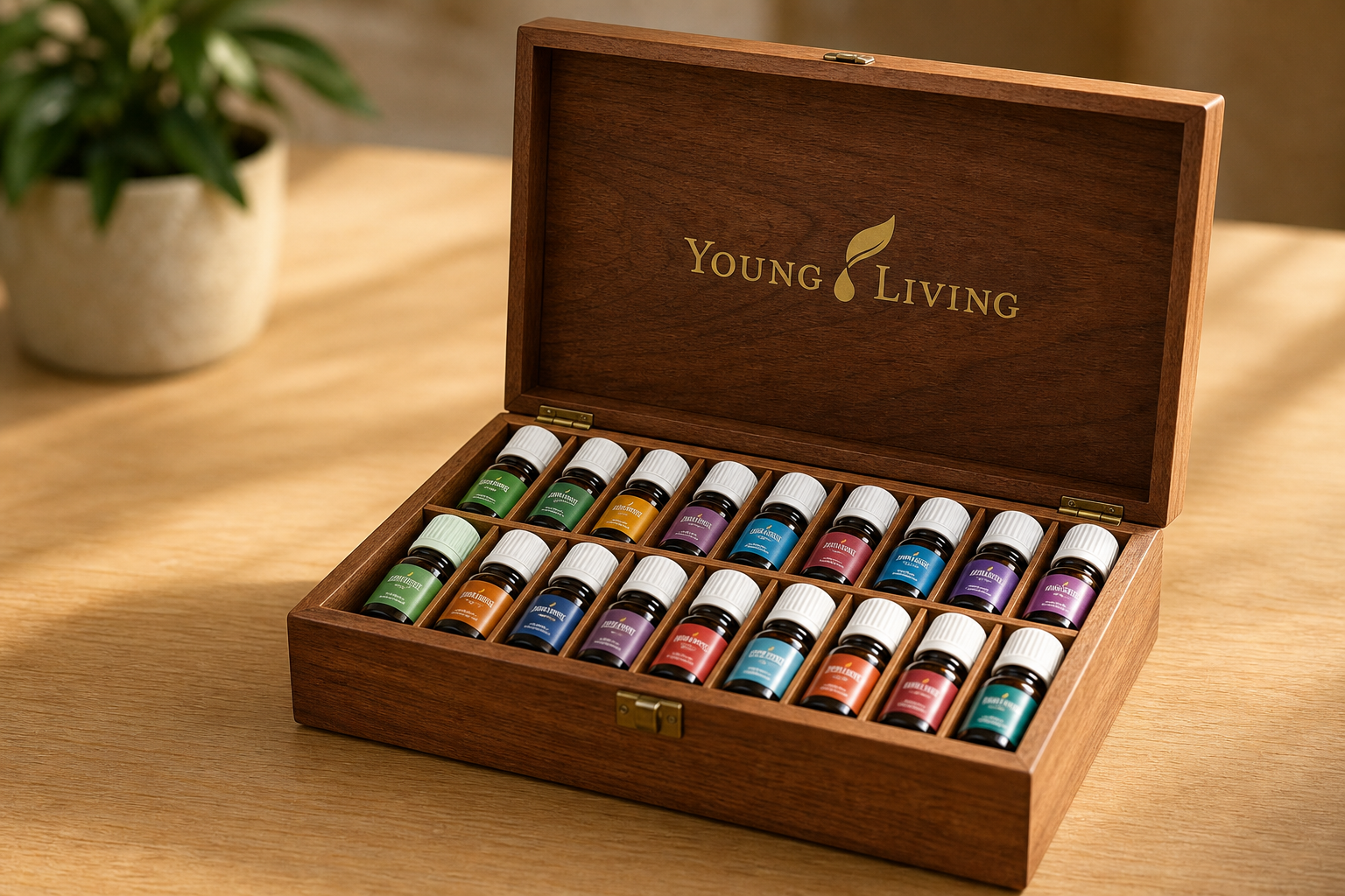 Geordnetes Young Living Ölset in einer offenen Holzbox
