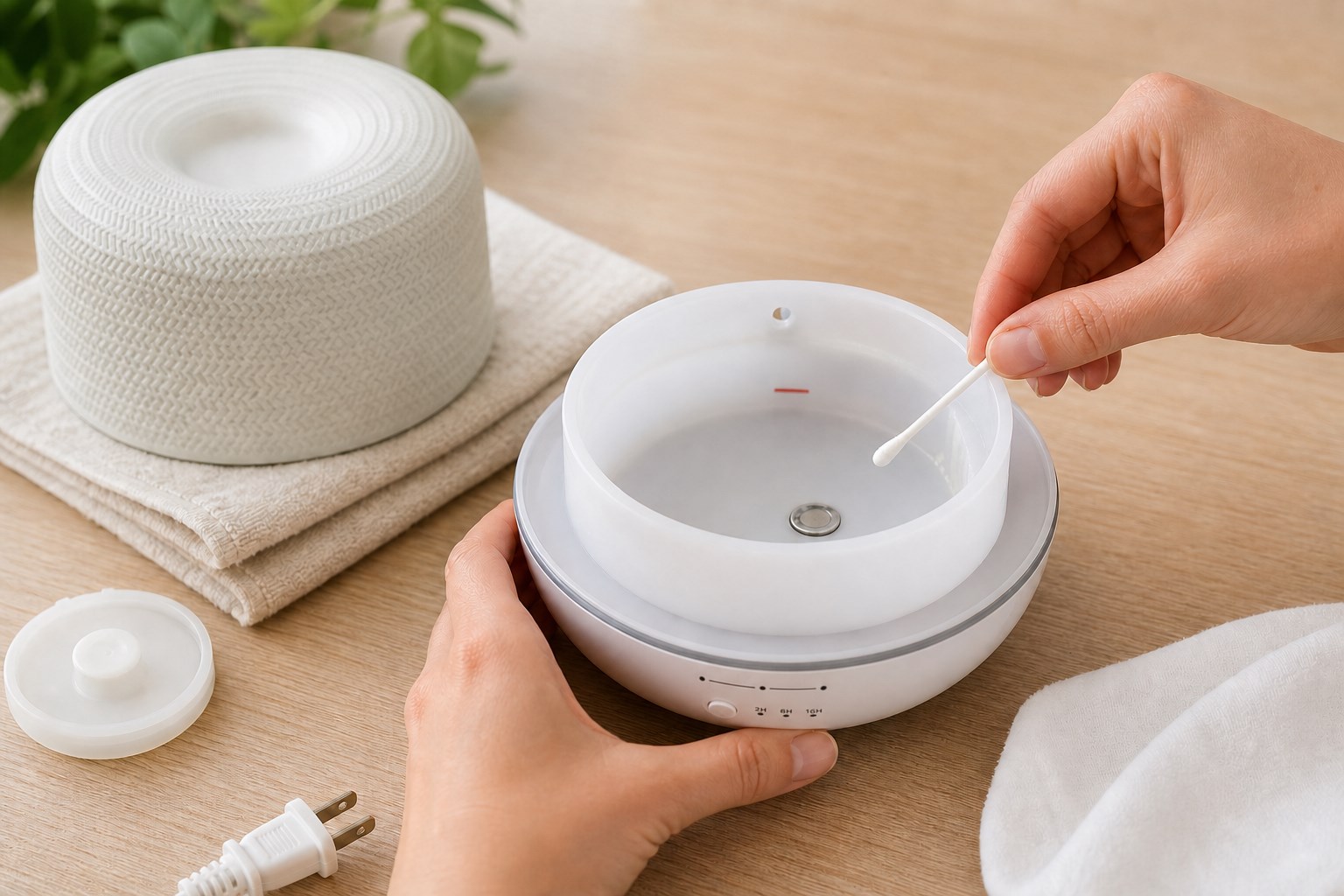 Hände reinigen mit einem Wattestäbchen den geöffneten Wasserbehälter eines ausgesteckten Macaron Diffusors