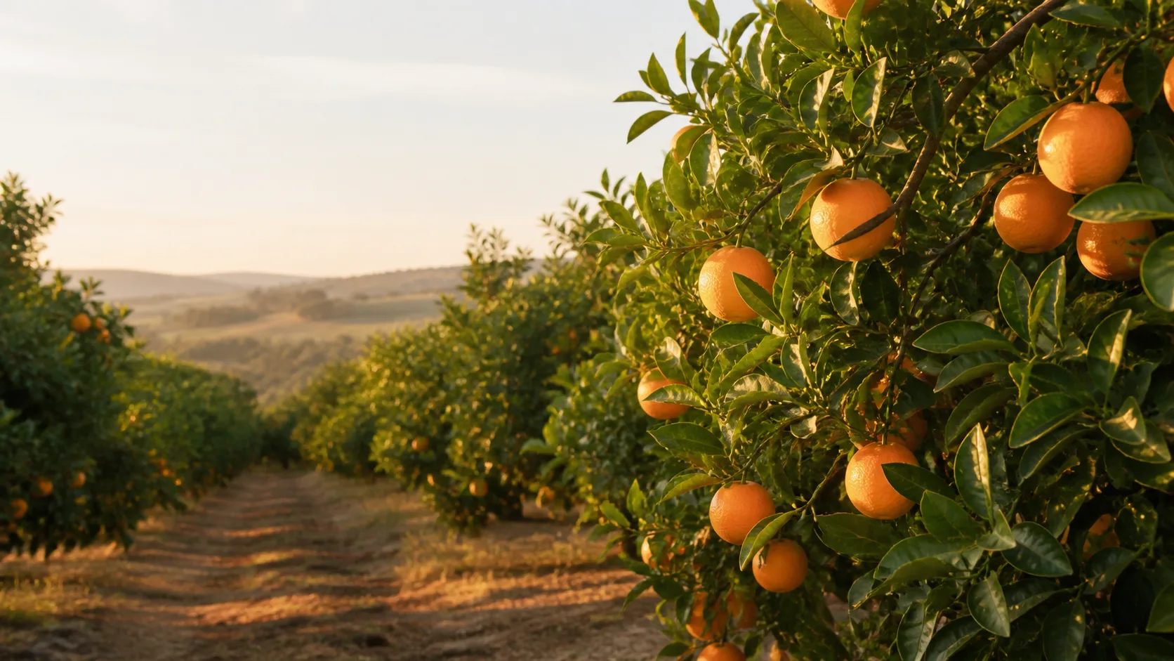 Süßorangen in einem warm beleuchteten Zitrushain