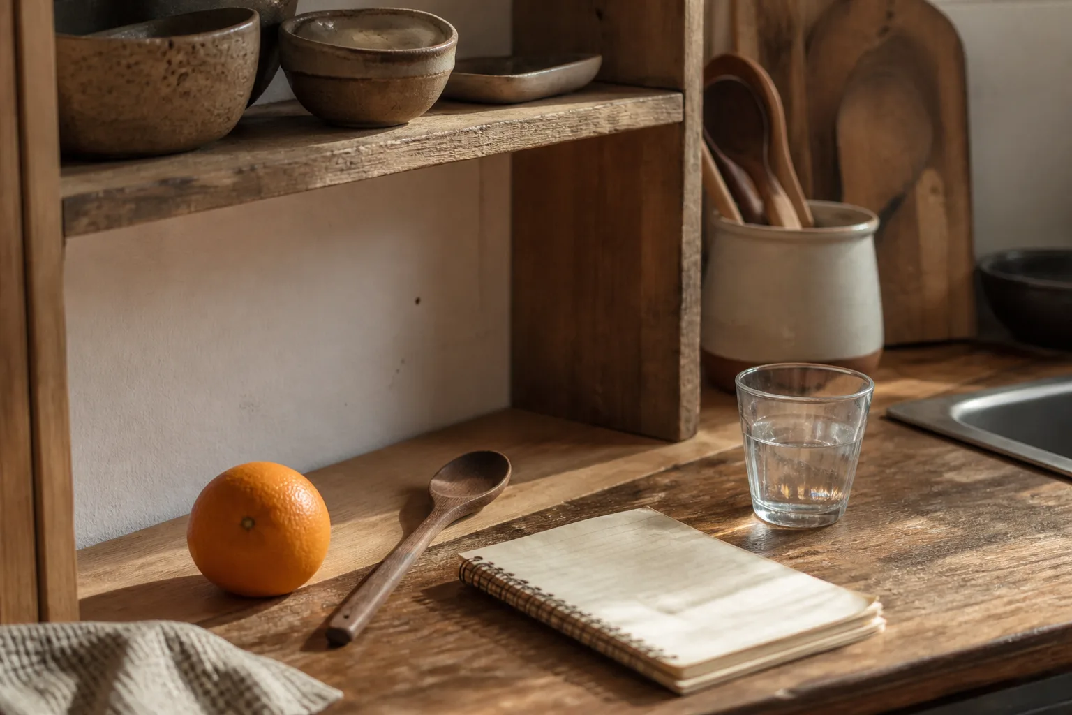 Persönlicher Küchenplatz mit Orange, Rezeptnotiz, Holzlöffel und Wasserglas