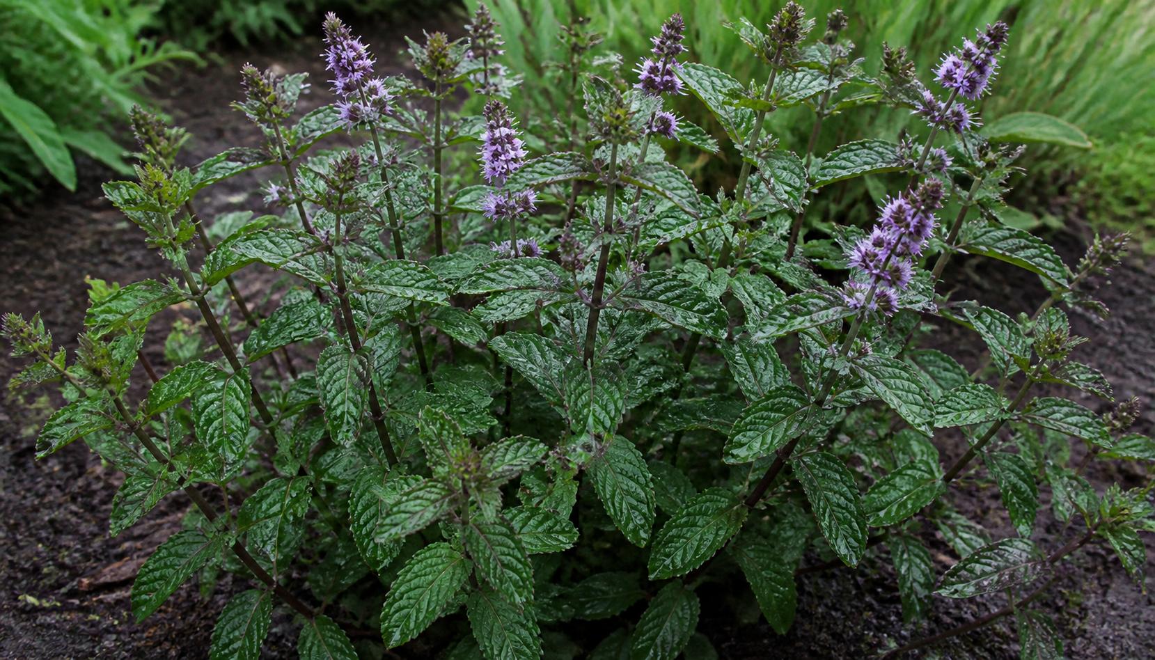 Dunkelgrüne Pfefferminze mit violetten Blütenähren