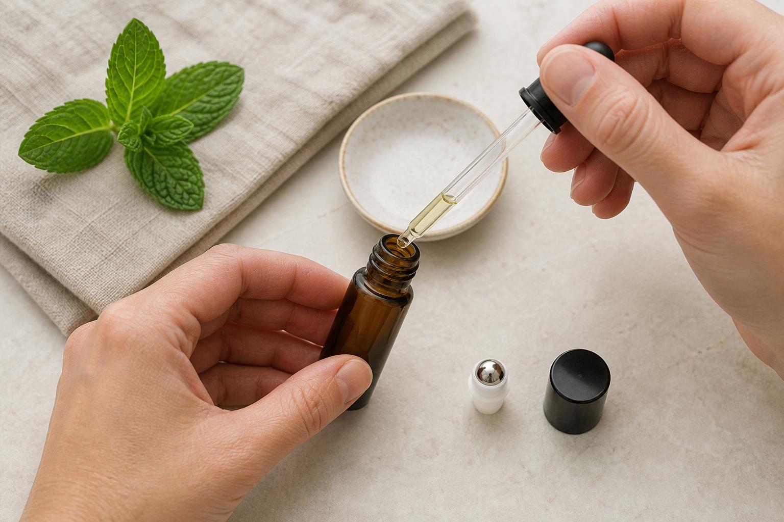 Ein Roll-on wird mit Peppermint und Trägeröl für einen frischen Duftmoment befüllt