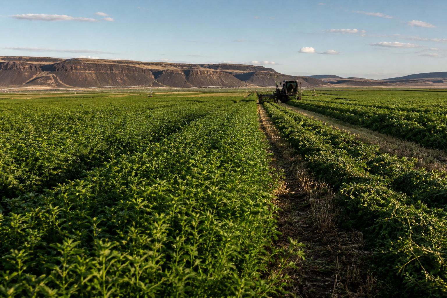 Minzernte in einer weiten Agrarlandschaft im Nordwesten der USA
