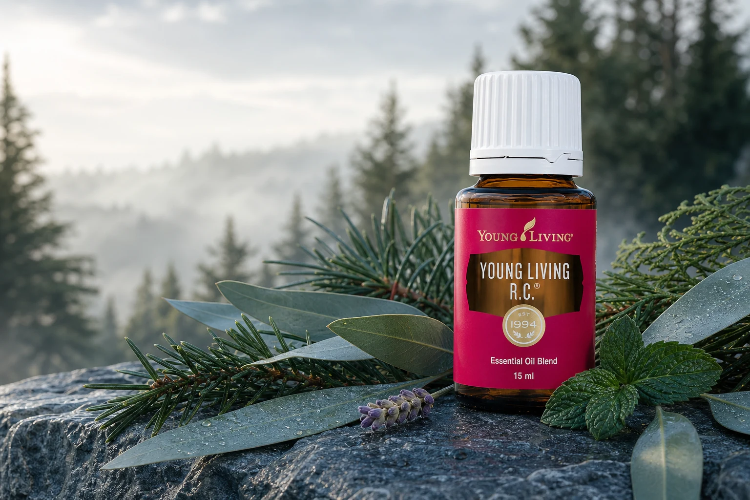 Young Living R.C. Flasche natürlich zwischen Eukalyptus, Nadelzweigen, Pfefferminze und Lavendel eingebettet