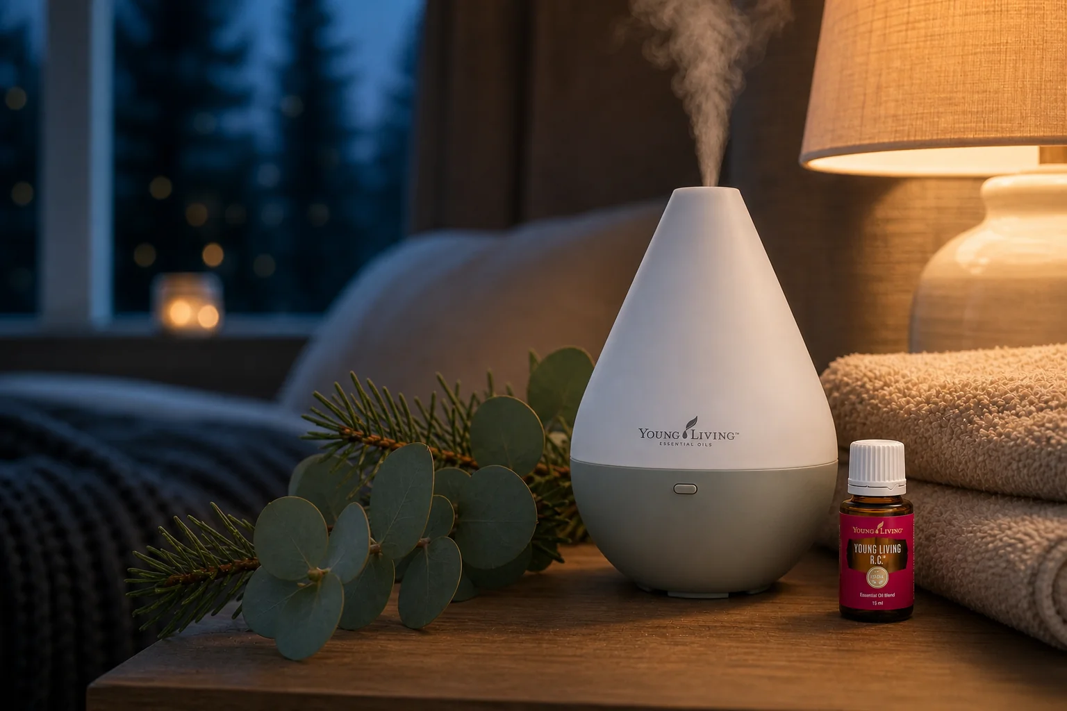 Young Living Dewdrop Diffusor mit feinem Nebel und einem maßstäblich kleinen R.C. Fläschchen im gemütlichen Schlafzimmer