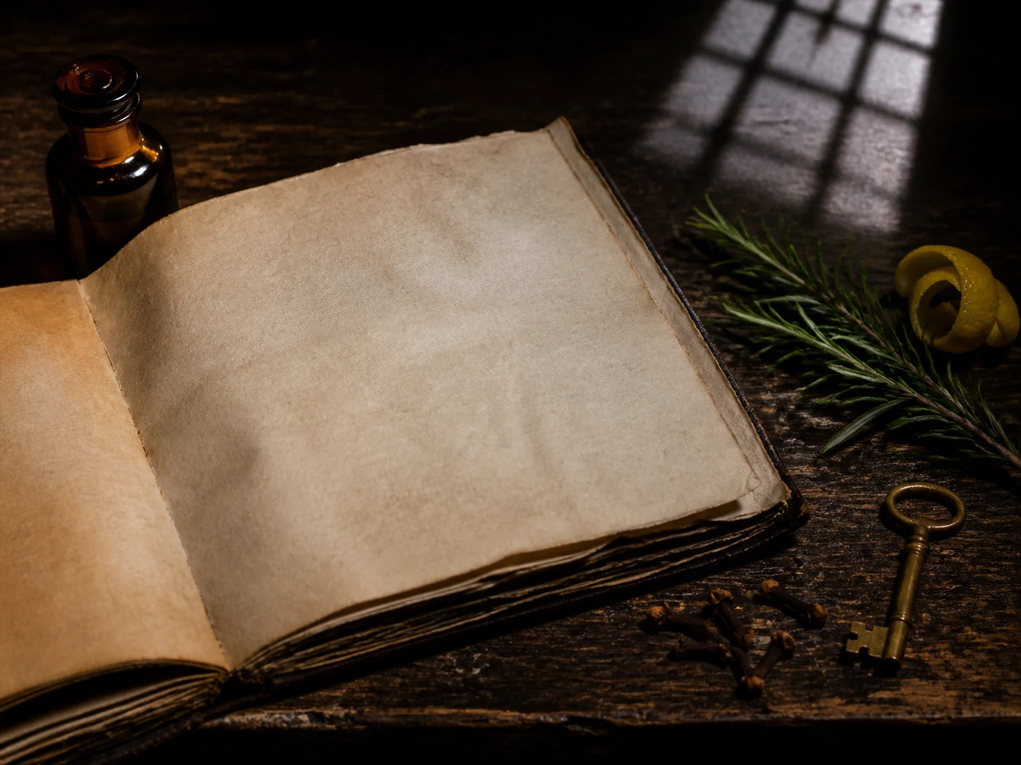 Altes leeres Apothekenbuch, Schlüssel, Gewürznelken, Rosmarin und Zitronenschale im warmen Seitenlicht